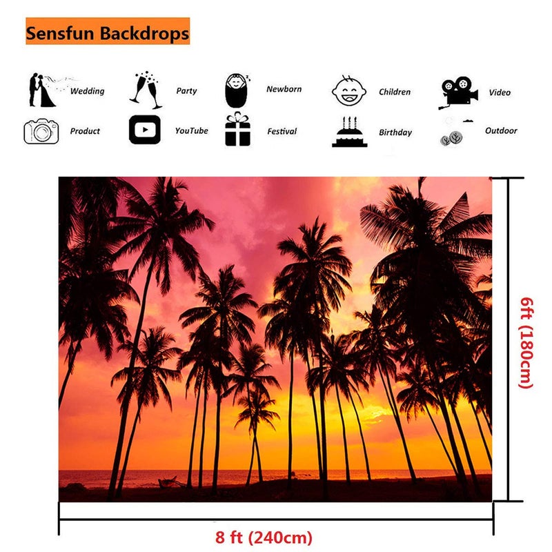 Sensfun 8x6ft Seaside Sunset Photo Backdrop Palm Trees Silhouettes on Tropical Beach Photography Background for Summer Vacation Beach Wedding Party Children Portraits Photo Studio Props(WP125) - Image 3
